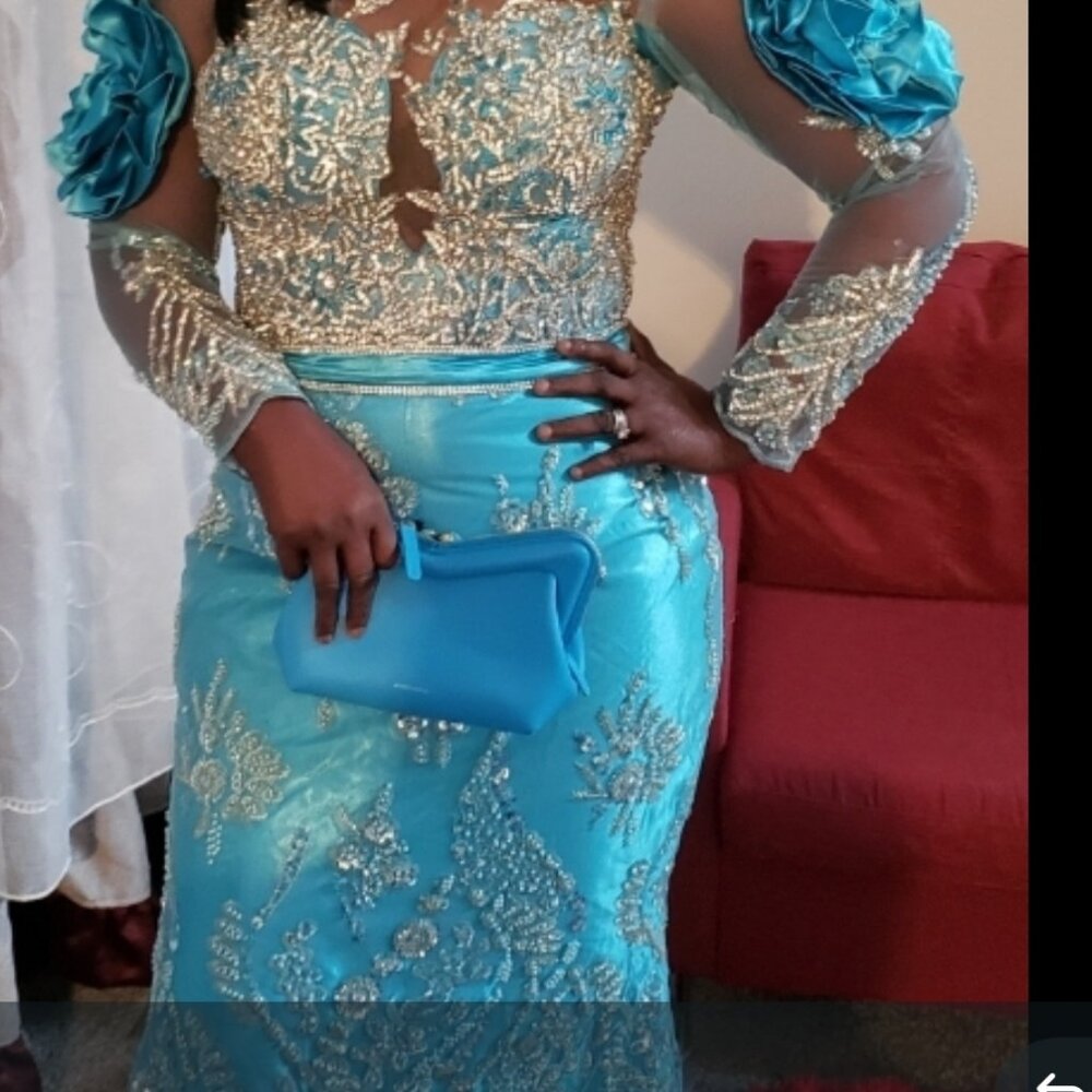 Torquise  blue and silver  stoned handmade evening-braidal Gown